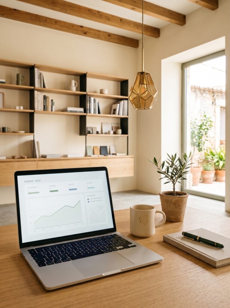 Espaço de trabalho de uma empresa organizado para acompanhar processos e resultados