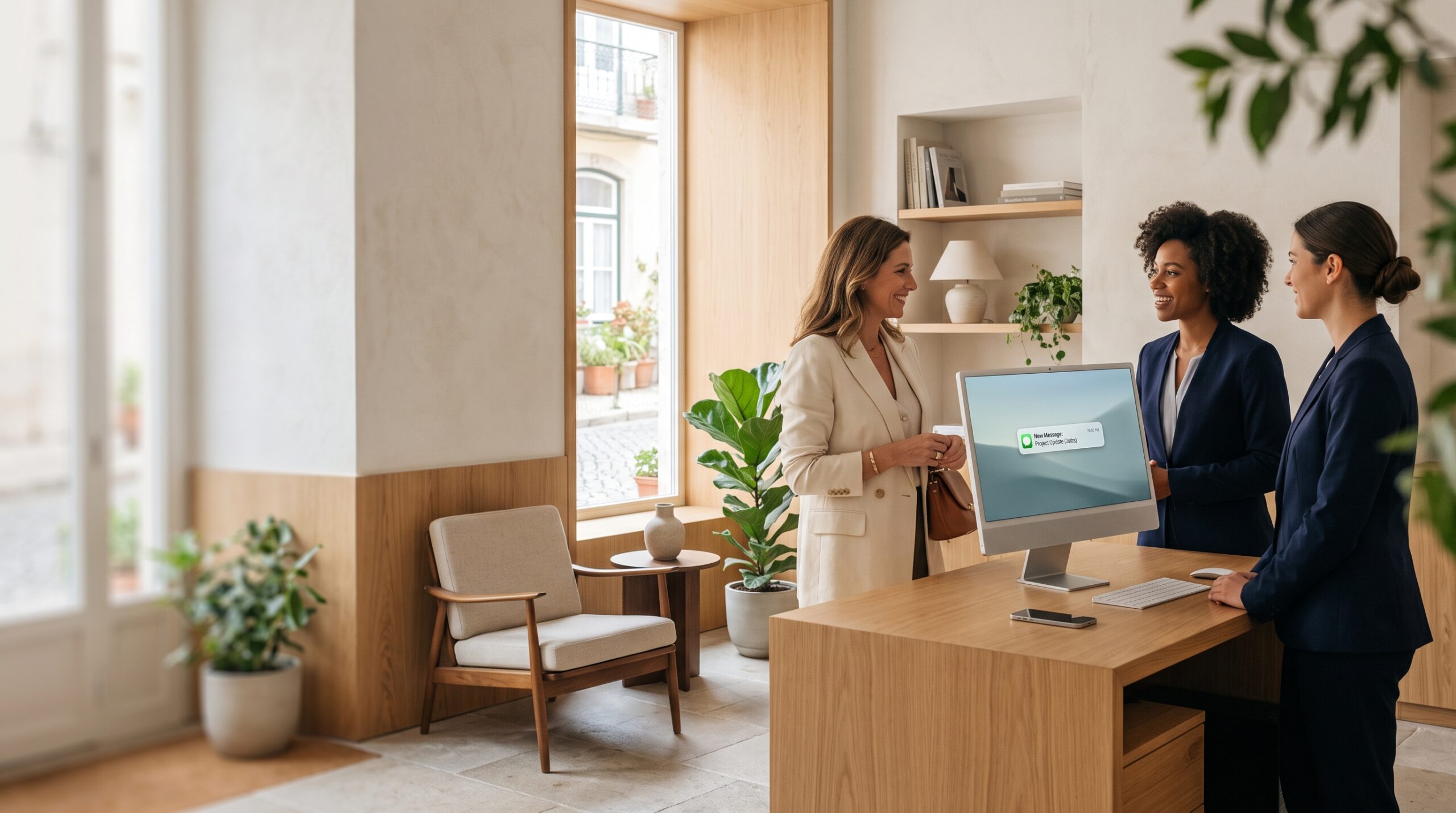 Equipa de atendimento de um negócio português a receber clientes.