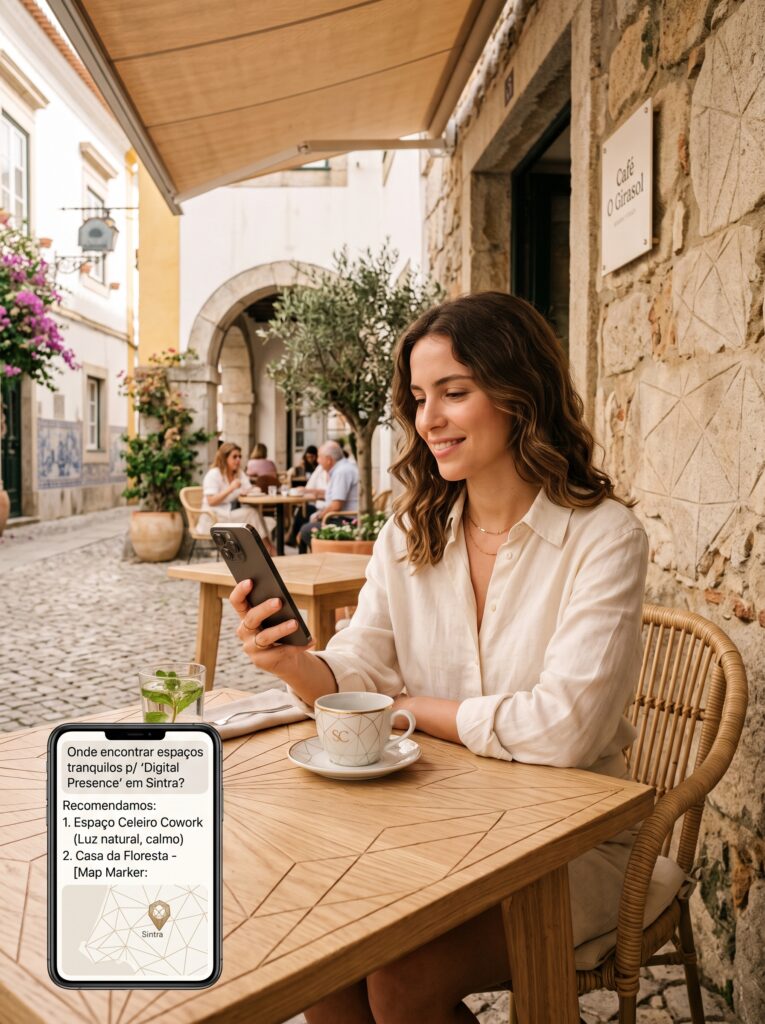 Pessoa a pesquisar um negócio local no smartphone numa esplanada em Portugal
